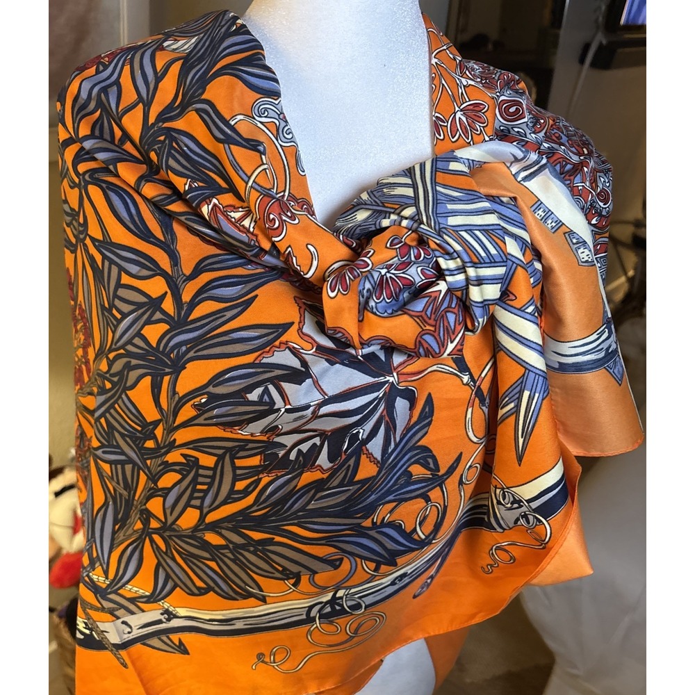 Oversized Silky Scarf Orange Blue Botanical Print